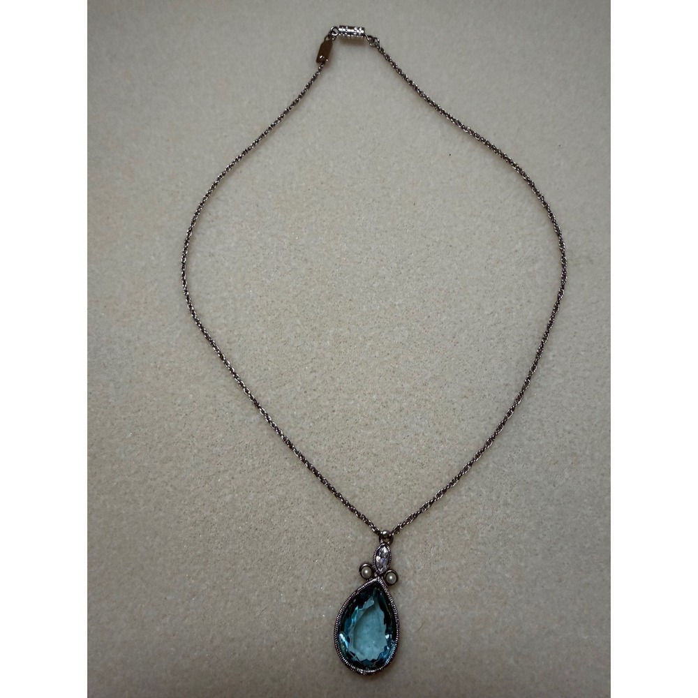 1928 Jewelry Light Blue Teardrop Crystal Pearl Pendant Necklace Silver Tone